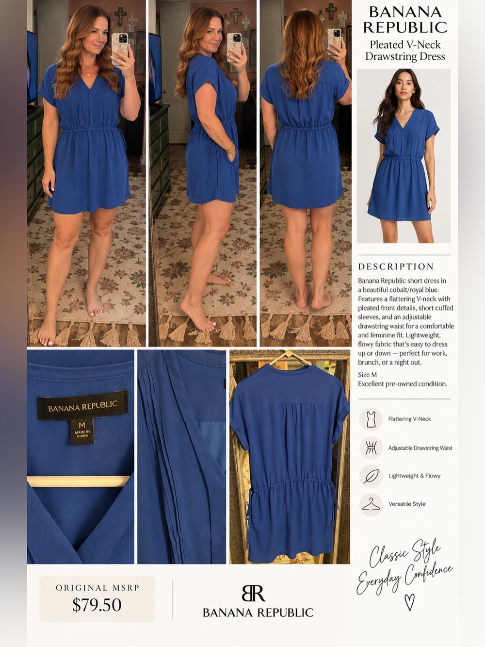 Banana Republic Royal Blue Pleated V-Neck Drawstring Mini Dress